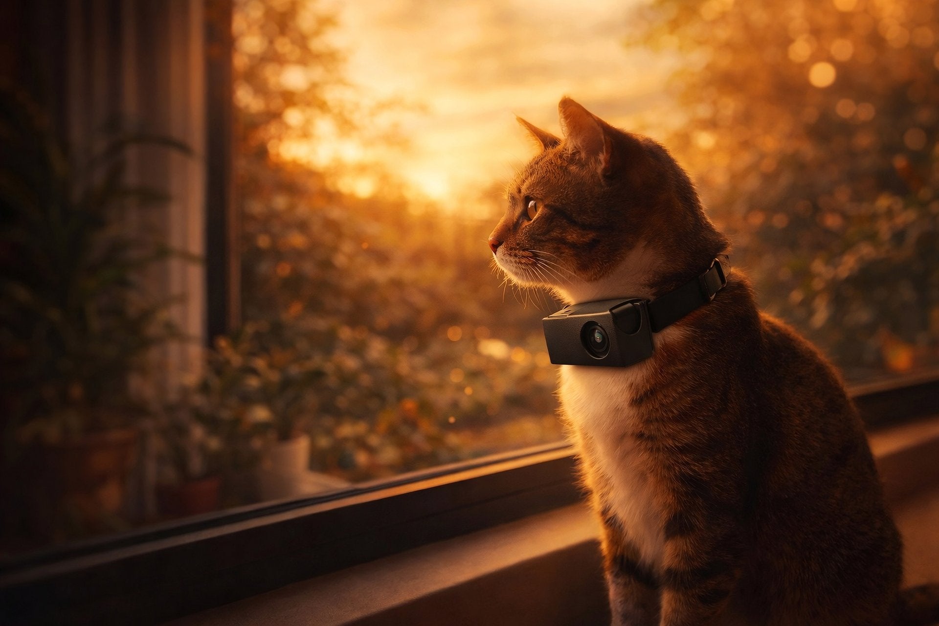 Cat wearing the Whiskcam collar camera exploring outdoors at golden hour