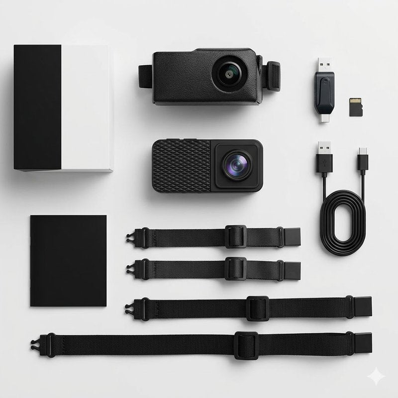 Everything included: Whiskcam camera, 32GB SD card, collar, USB-C cable and adapter